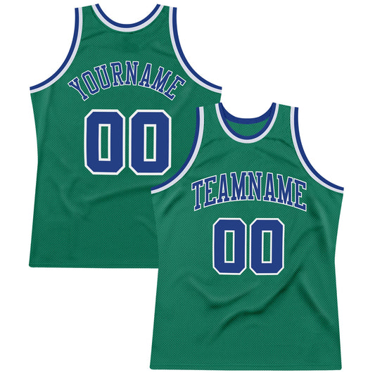 Custom Kelly Green Royal-White Authentic Throwback Basketball Jersey - Main View