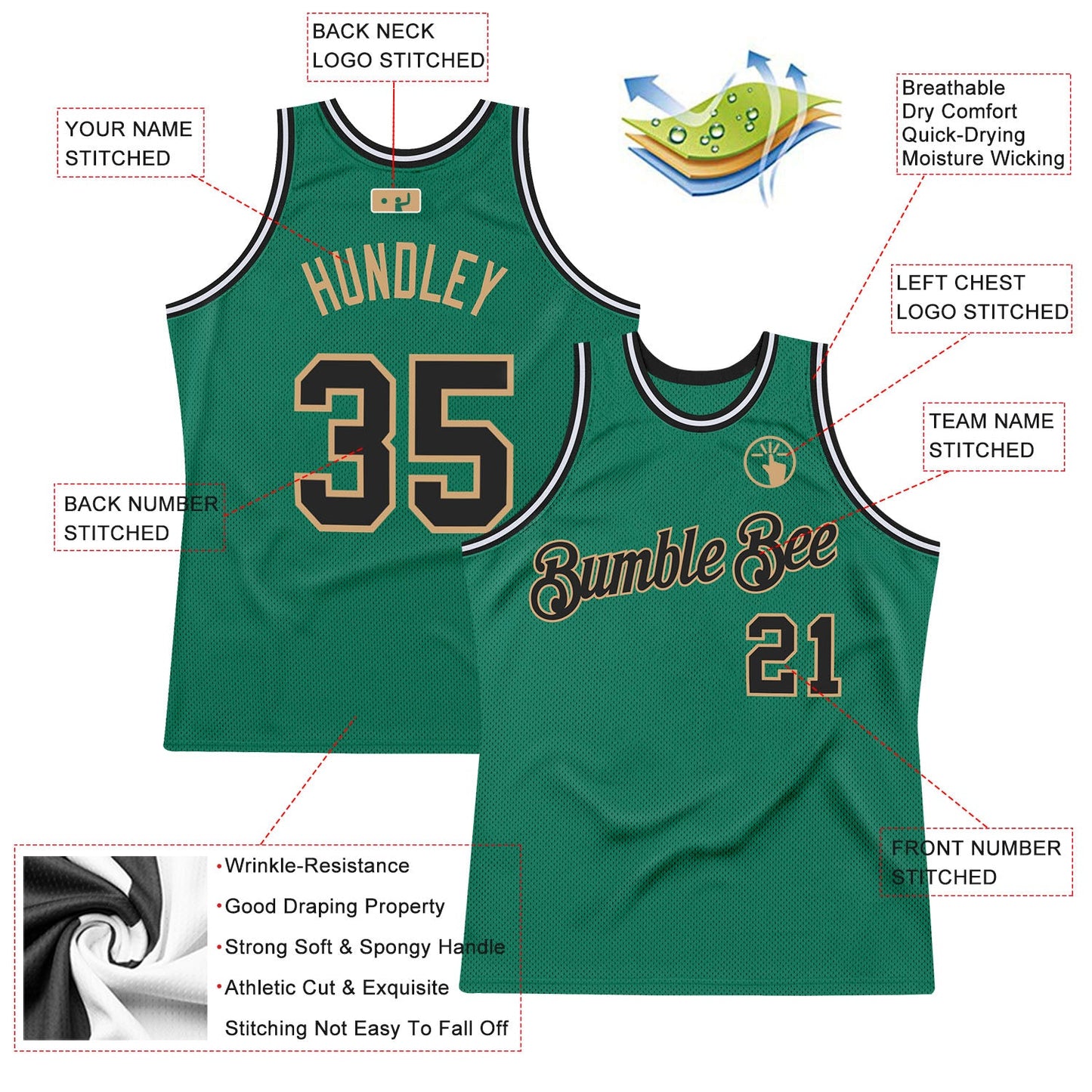 Custom Kelly Green Black-Old Gold Authentic Throwback Basketball Jersey view 2