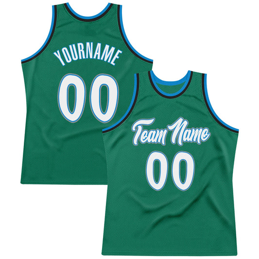 Custom Kelly Green White-Blue Authentic Throwback Basketball Jersey - Main View