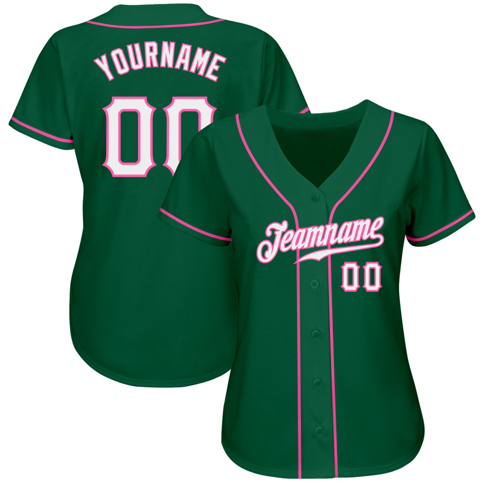 Custom Kelly Green White-Pink Authentic Baseball Jersey view 2