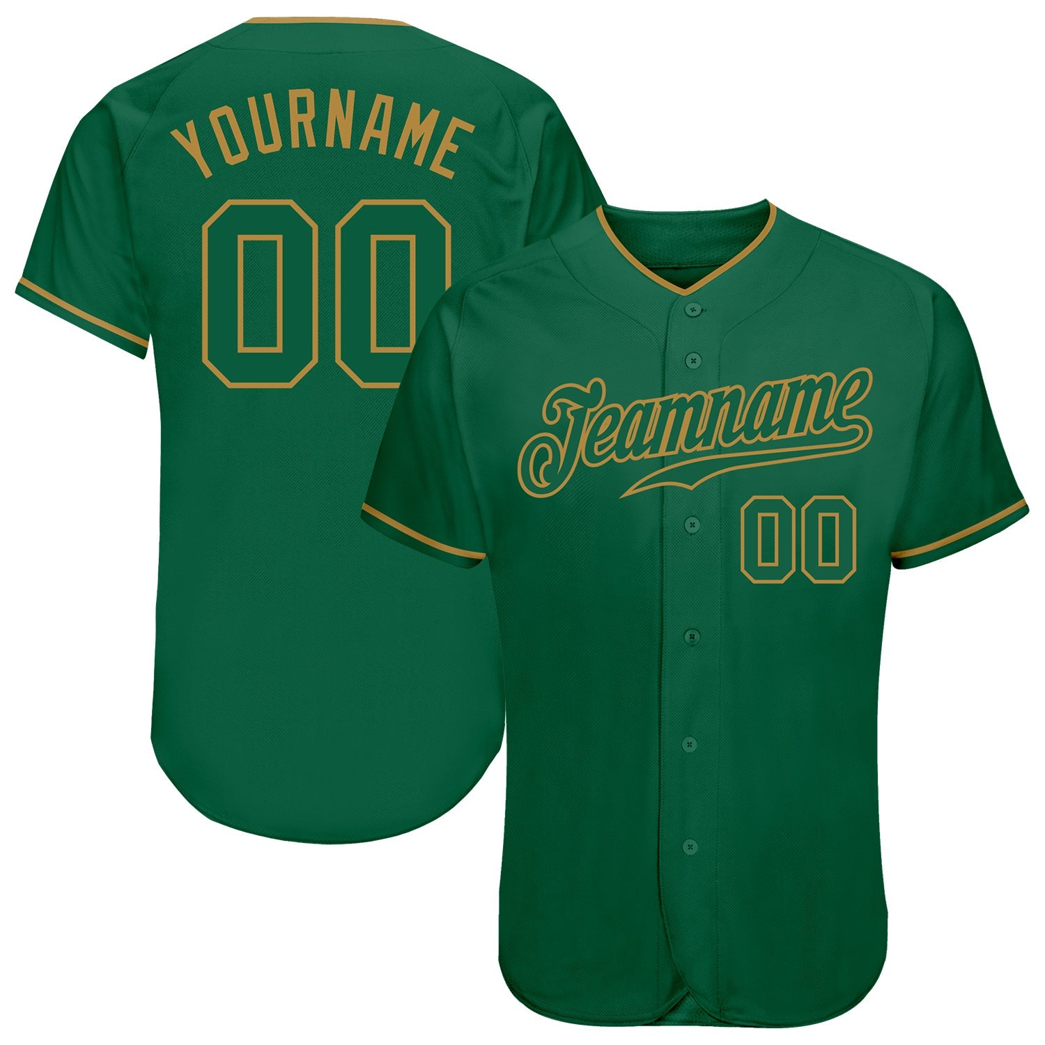 Custom Kelly Green Kelly Green-Old Gold Authentic Baseball Jersey - Main View