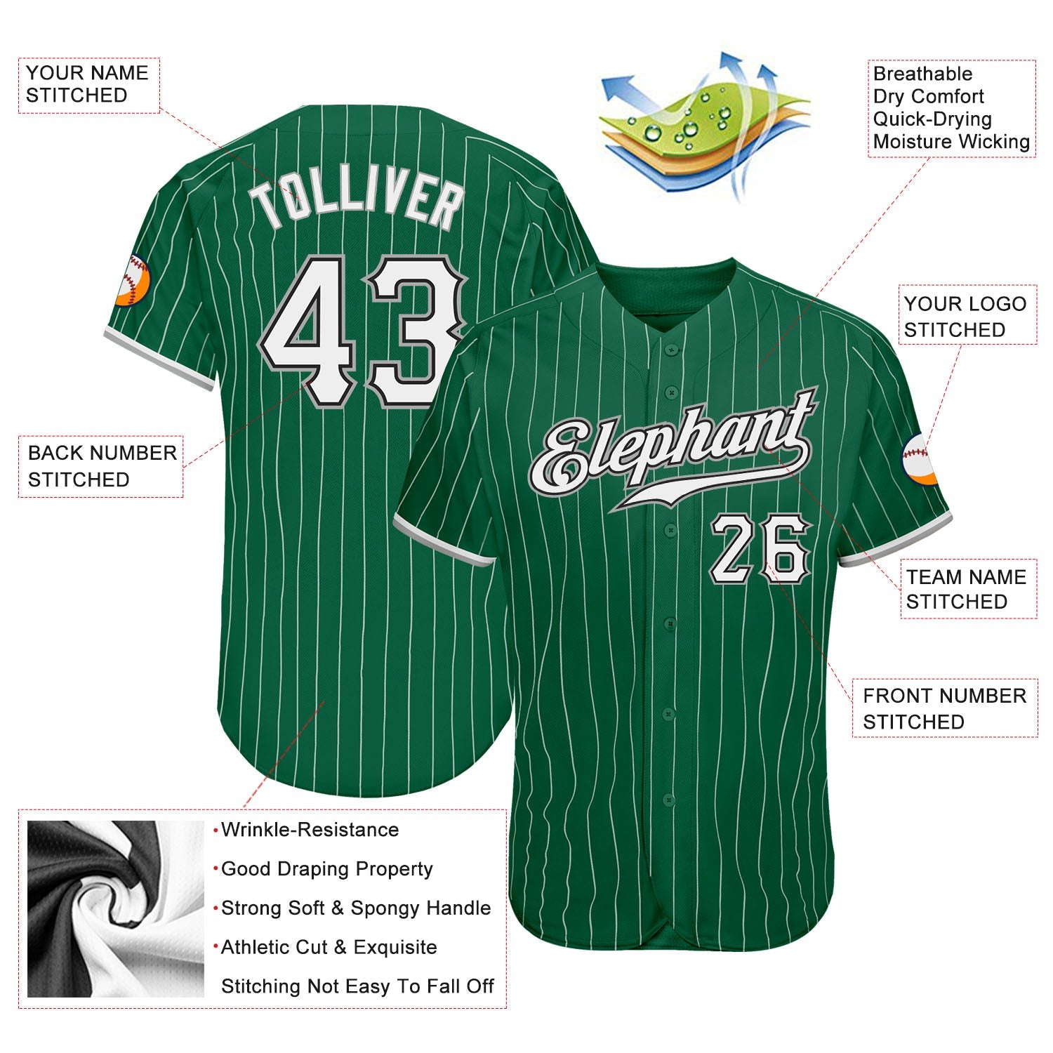 Custom Kelly Green White Pinstripe White-Gray Authentic Baseball Jersey view 3