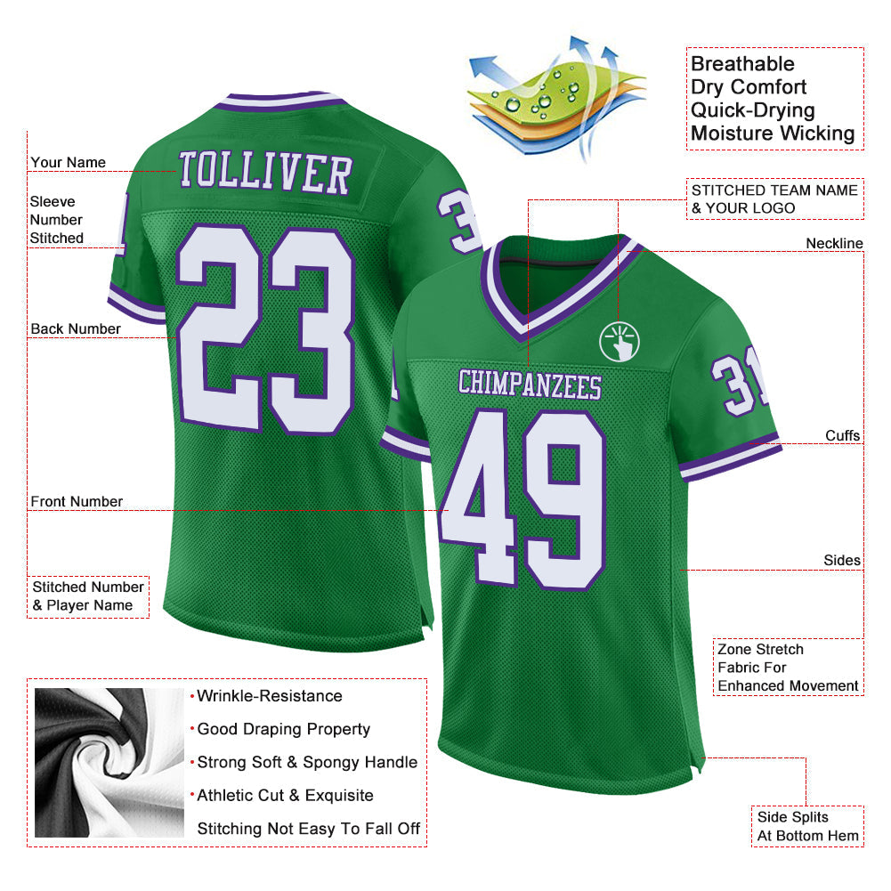 Custom Grass Green White-Purple Mesh Authentic Throwback Football Jersey view 2