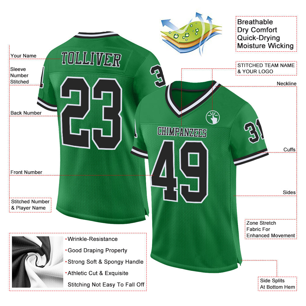 Custom Grass Green Black-White Mesh Authentic Throwback Football Jersey view 2