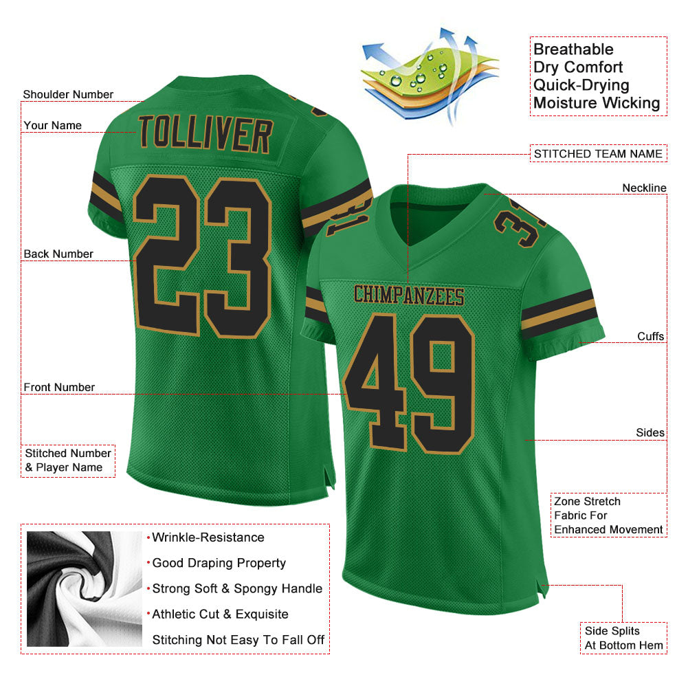Custom Grass Green Black-Old Gold Mesh Authentic Football Jersey view 2