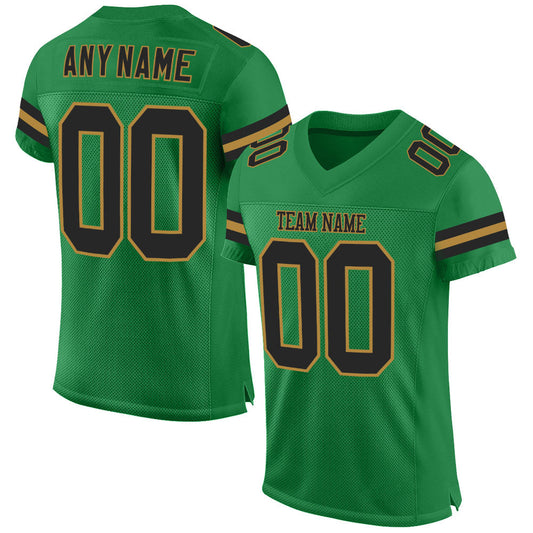 Custom Grass Green Black-Old Gold Mesh Authentic Football Jersey - Main View