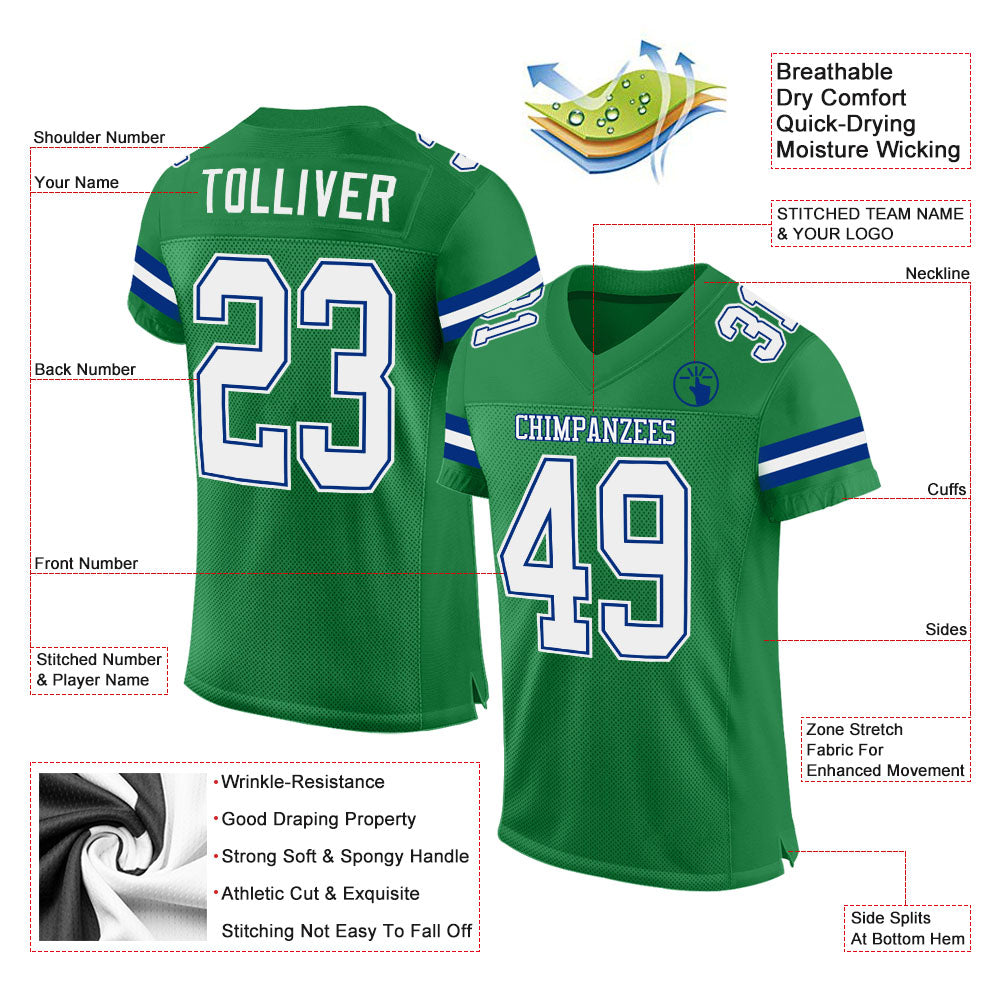 Custom Grass Green White-Royal Mesh Authentic Football Jersey view 2