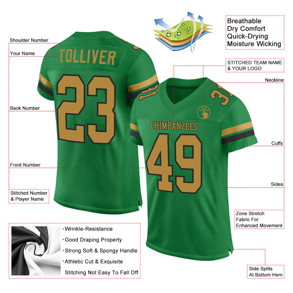 Custom Grass Green Old Gold-Black Mesh Authentic Football Jersey view 2