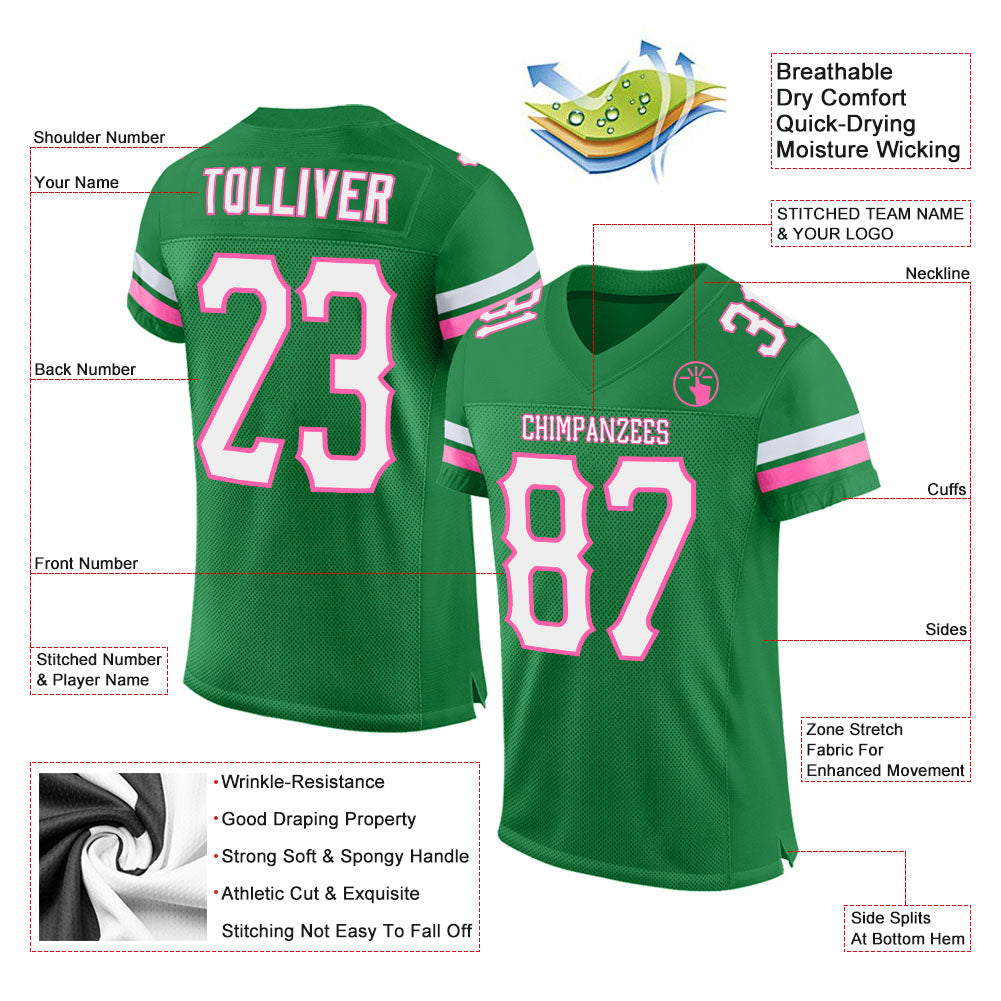 Custom Grass Green White-Pink Mesh Authentic Football Jersey view 2