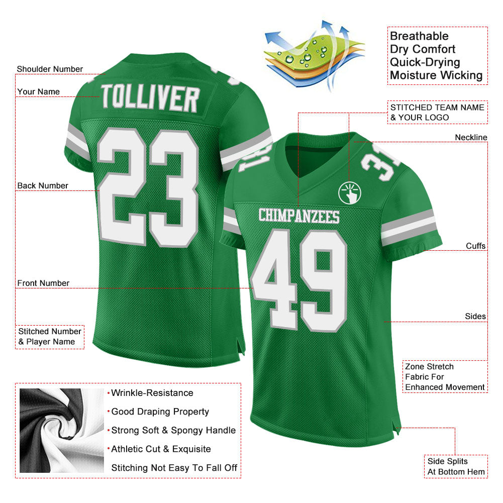 Custom Grass Green White-Gray Mesh Authentic Football Jersey view 2
