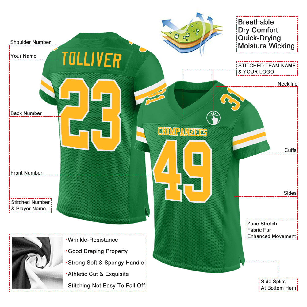 Custom Grass Green Gold-White Mesh Authentic Football Jersey view 2