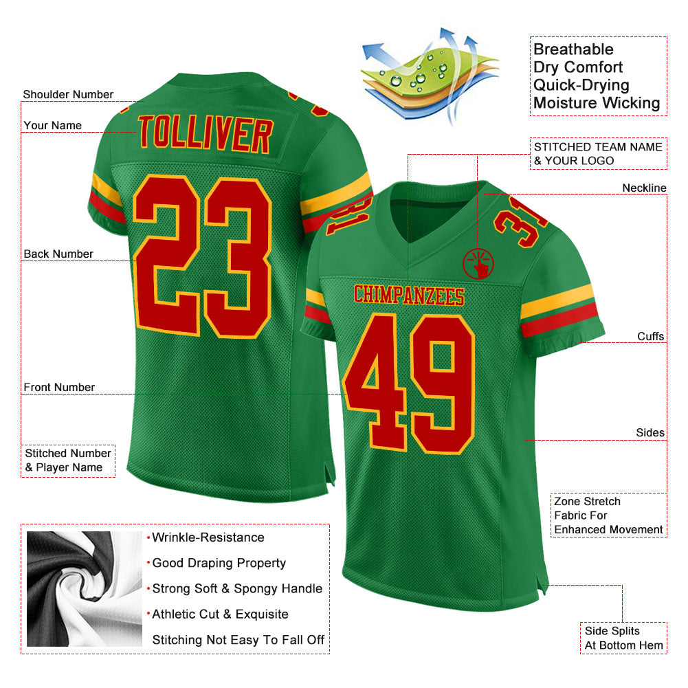 Custom Grass Green Red-Gold Mesh Authentic Football Jersey view 2