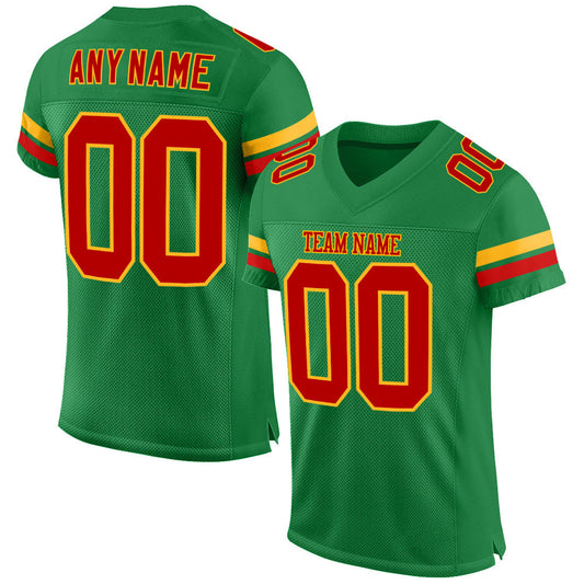 Custom Grass Green Red-Gold Mesh Authentic Football Jersey - Main View