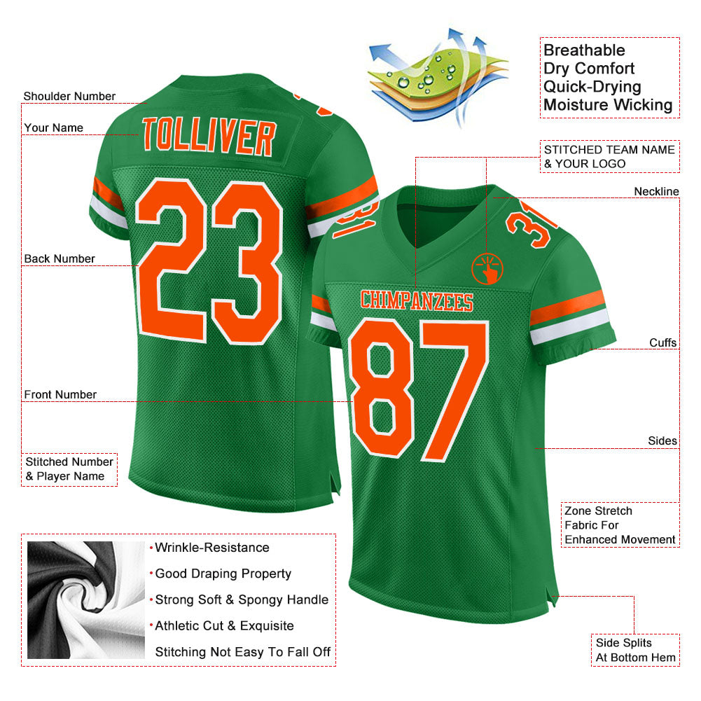 Custom Grass Green Orange-White Mesh Authentic Football Jersey view 2