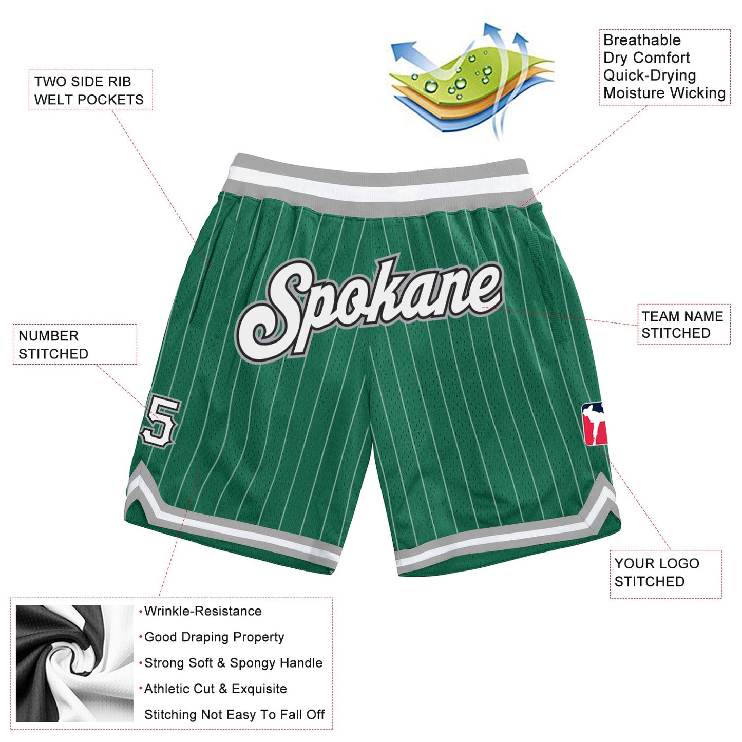 Custom Kelly Green White Pinstripe White-Gray Authentic Basketball Shorts view 2