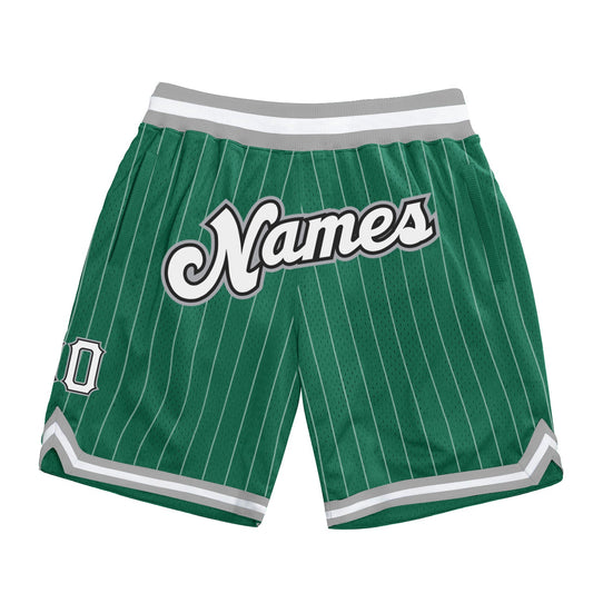 Custom Kelly Green White Pinstripe White-Gray Authentic Basketball Shorts - Main View
