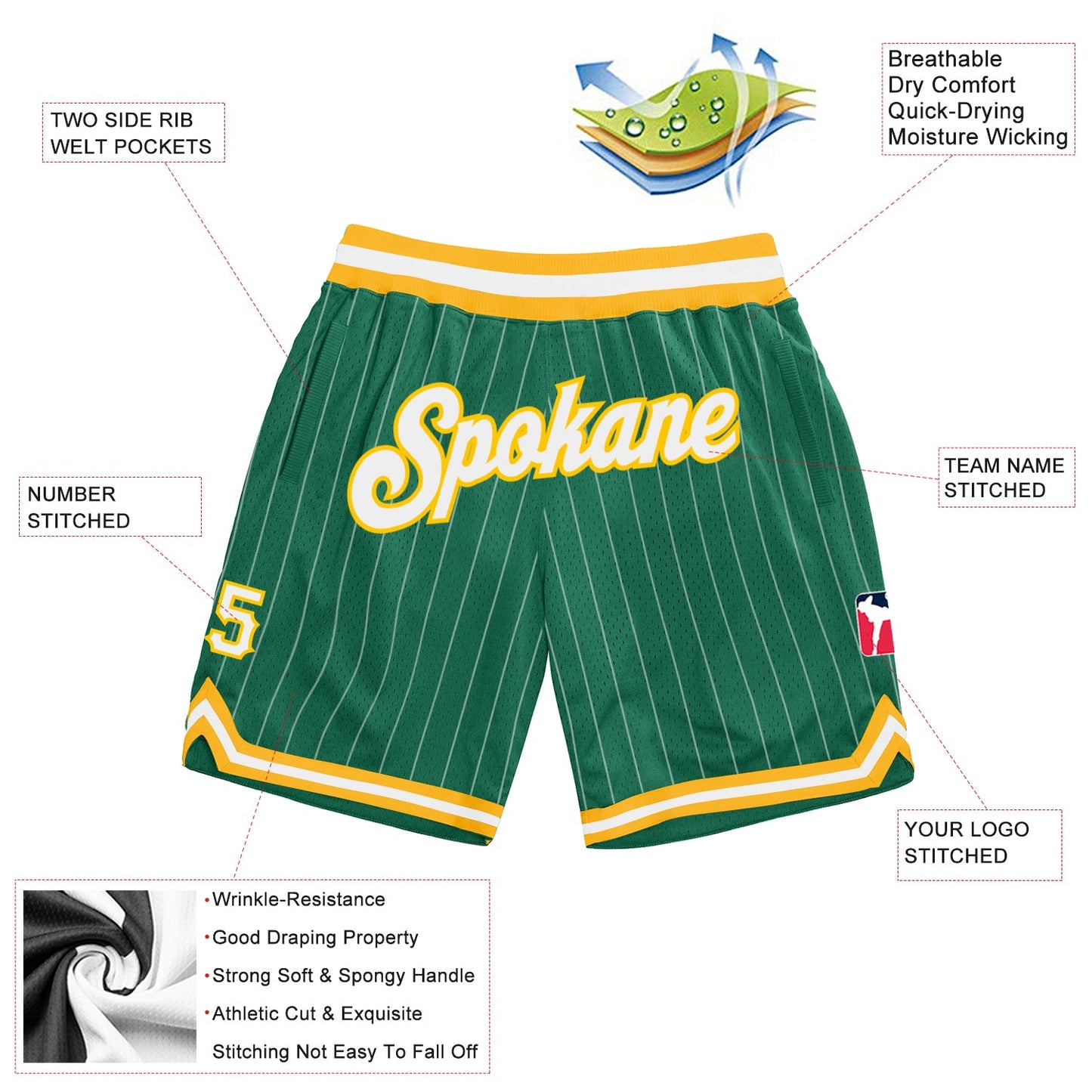 Custom Kelly Green White Pinstripe White-Gold Authentic Basketball Shorts view 2