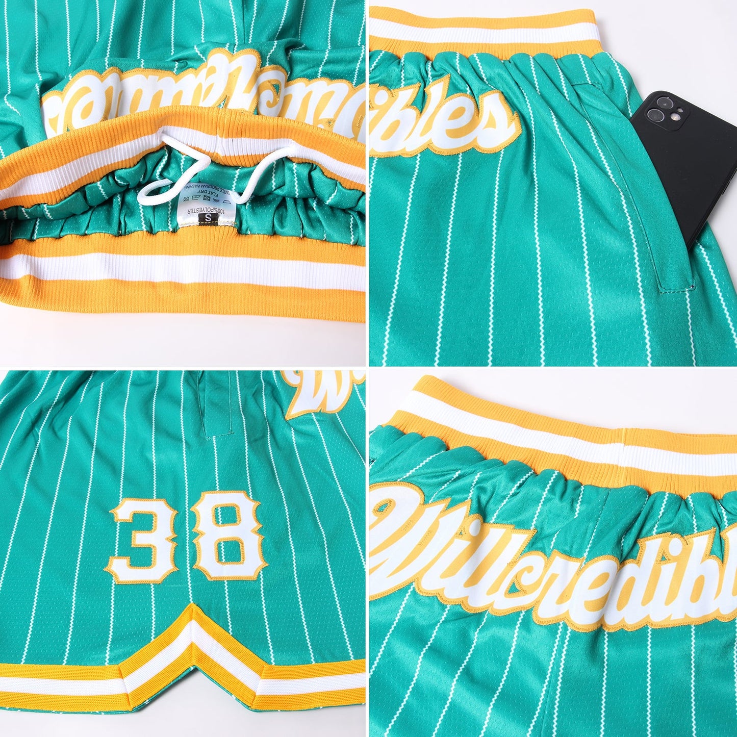 Custom Kelly Green White Pinstripe White-Gold Authentic Basketball Shorts view 4
