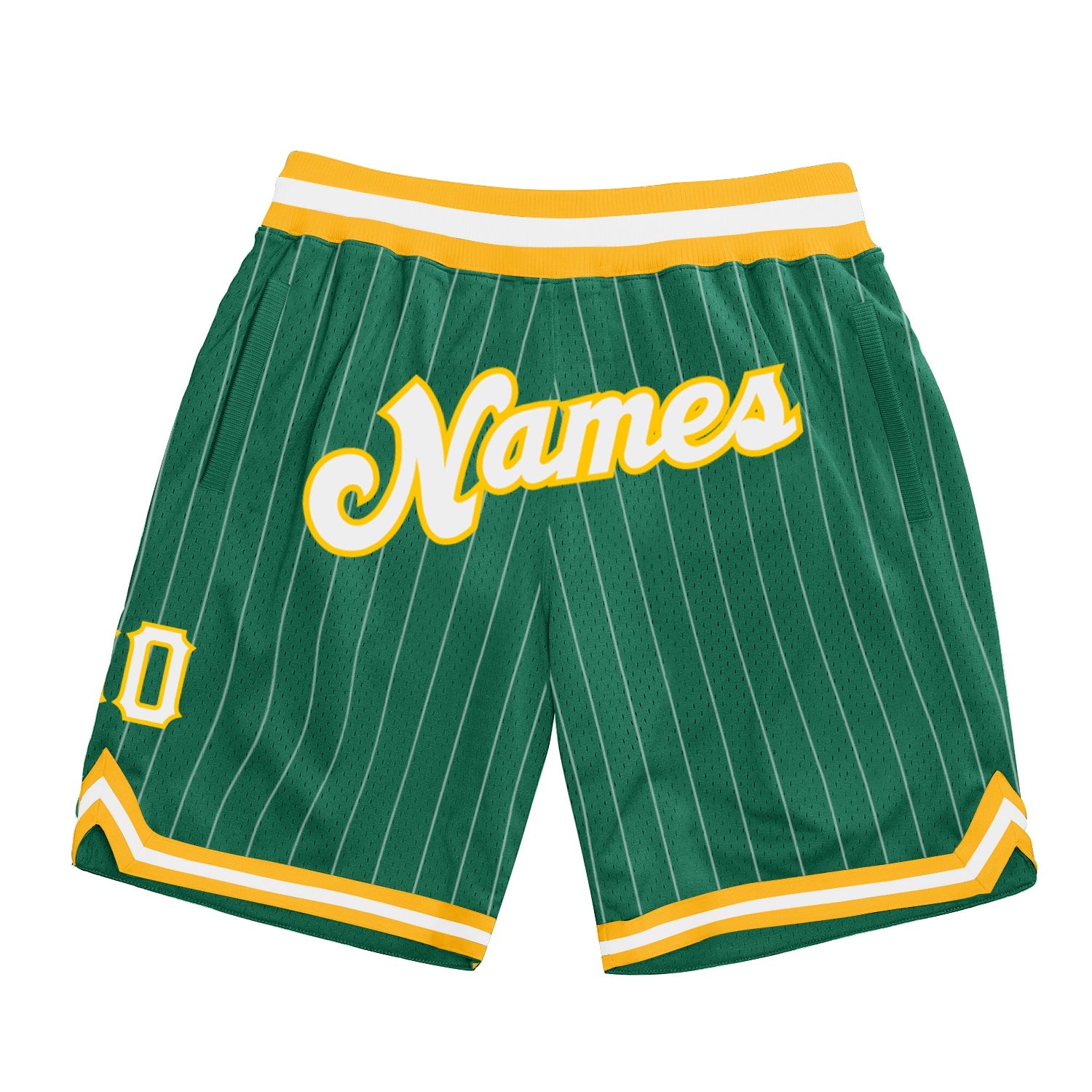Custom Kelly Green White Pinstripe White-Gold Authentic Basketball Shorts - Main View
