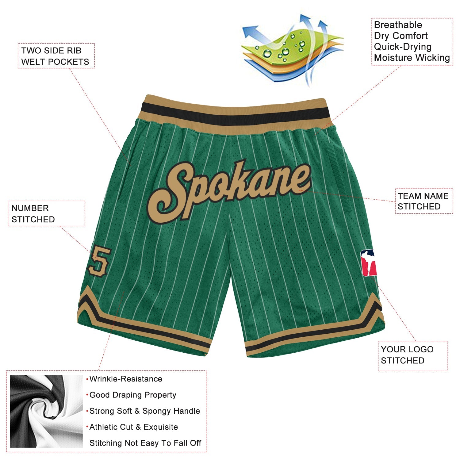 Custom Kelly Green White Pinstripe Old Gold-Black Authentic Basketball Shorts view 2