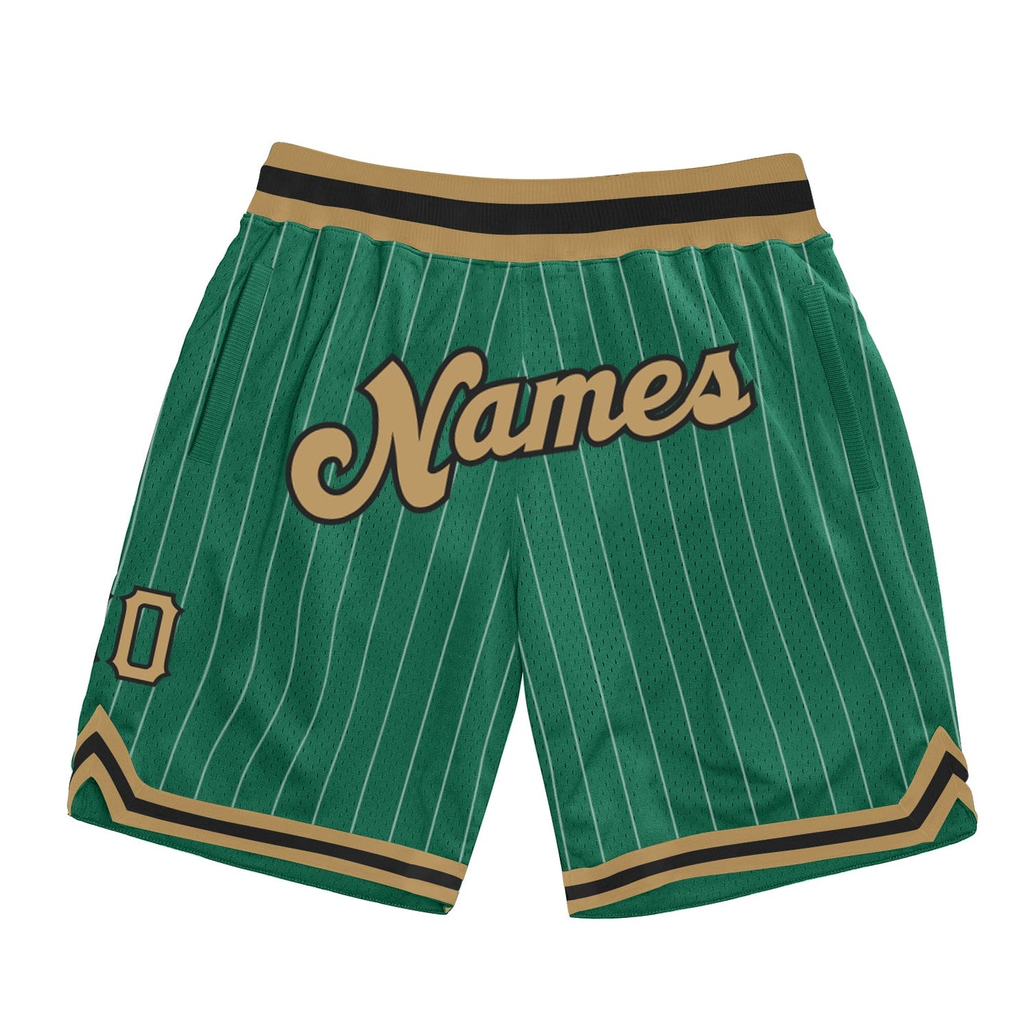 Custom Kelly Green White Pinstripe Old Gold-Black Authentic Basketball Shorts - Main View