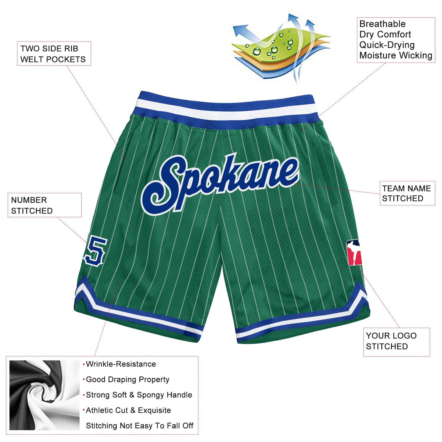 Custom Kelly Green White Pinstripe Royal-White Authentic Basketball Shorts view 2