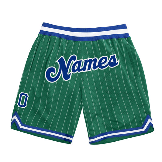 Custom Kelly Green White Pinstripe Royal-White Authentic Basketball Shorts - Main View