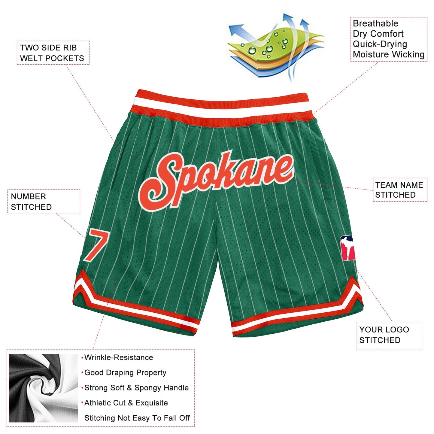 Custom Kelly Green White Pinstripe Orange-White Authentic Basketball Shorts view 2