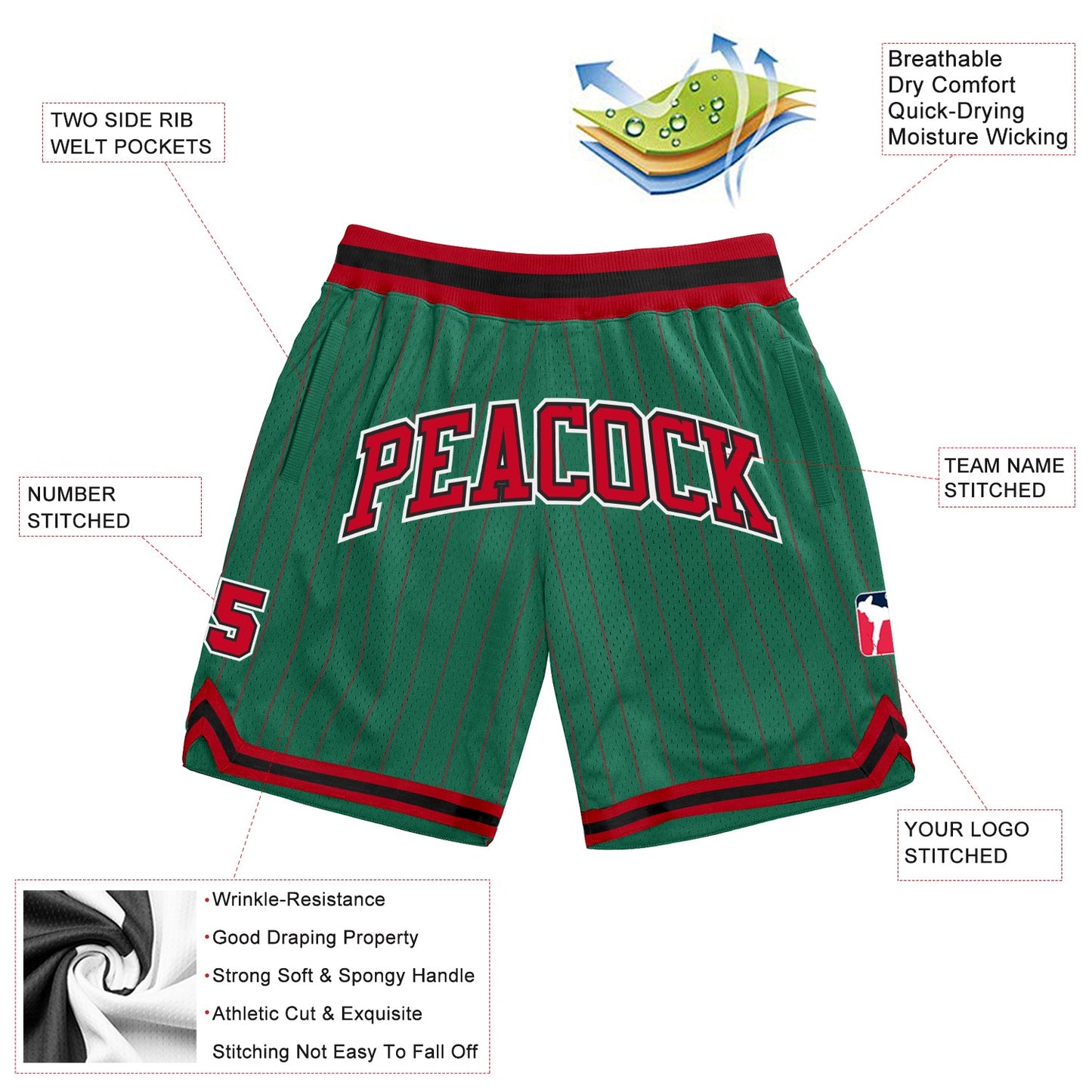 Custom Kelly Green Red Pinstripe Red-Black Authentic Basketball Shorts view 2