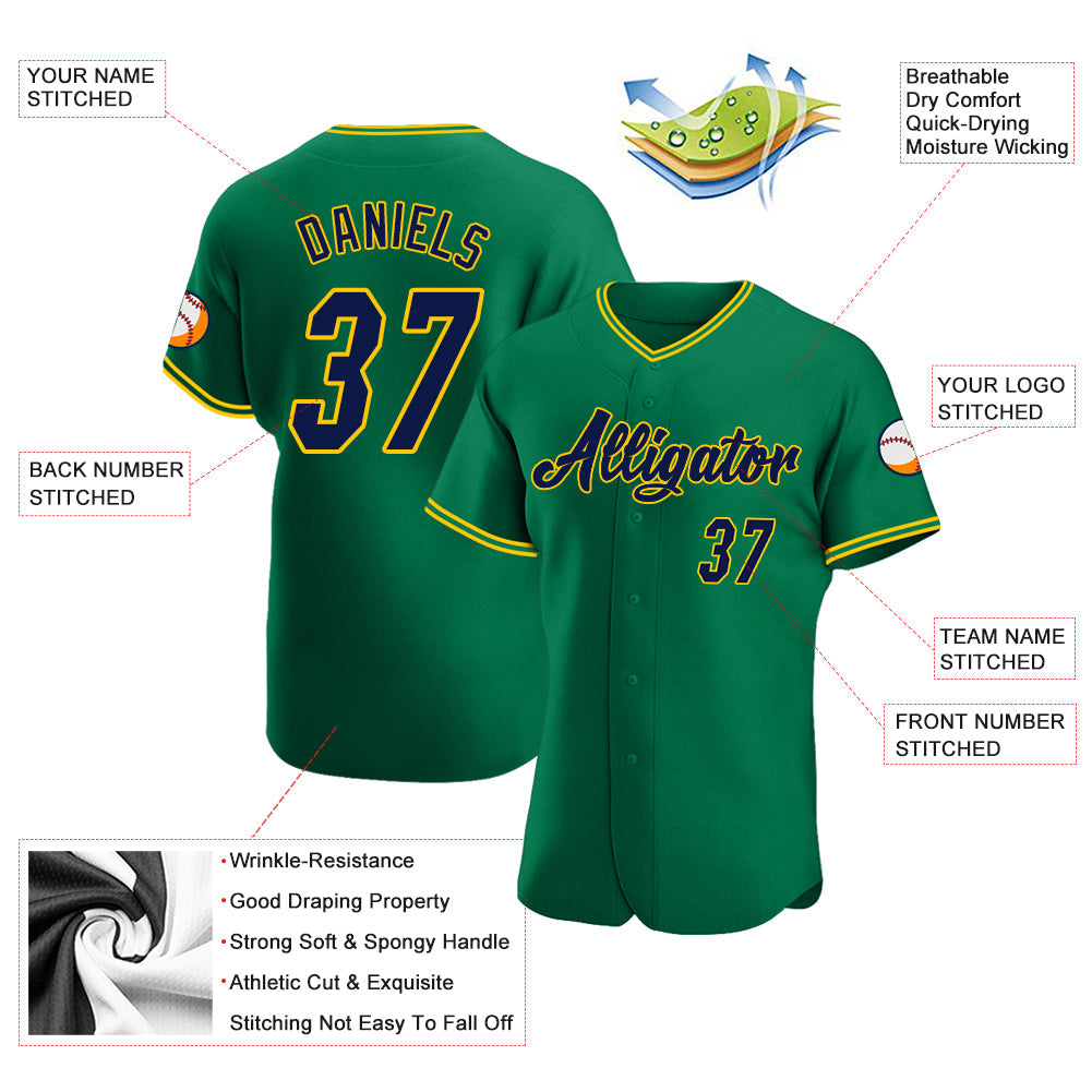 Custom Kelly Green Navy-Gold Authentic Baseball Jersey view 3