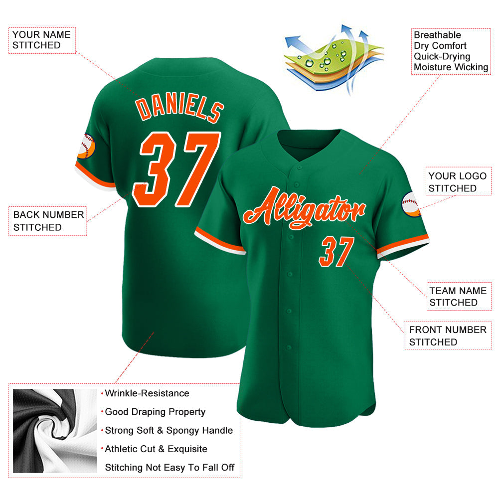 Custom Kelly Green Orange-White Authentic Baseball Jersey view 3