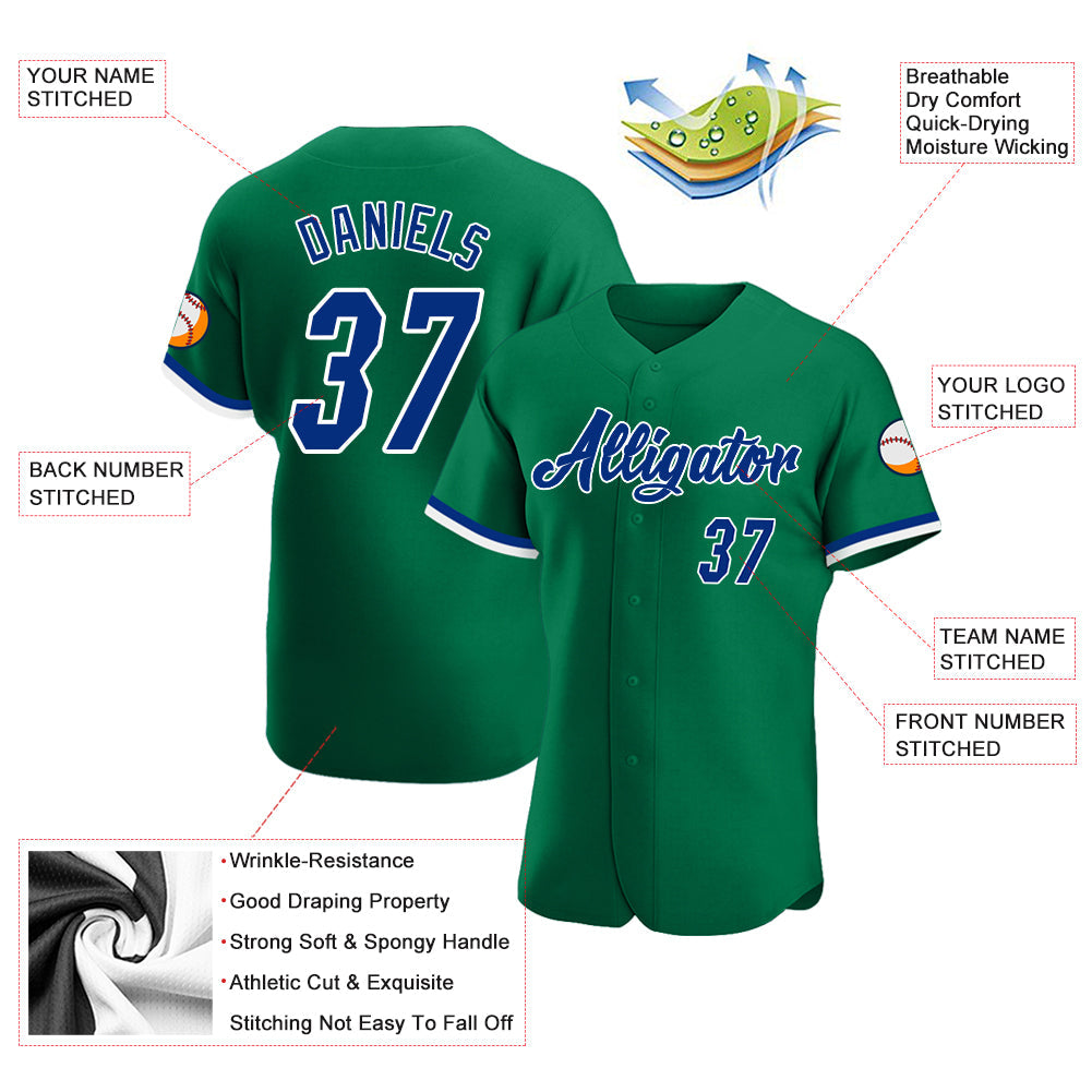 Custom Kelly Green Royal-White Authentic Baseball Jersey view 3