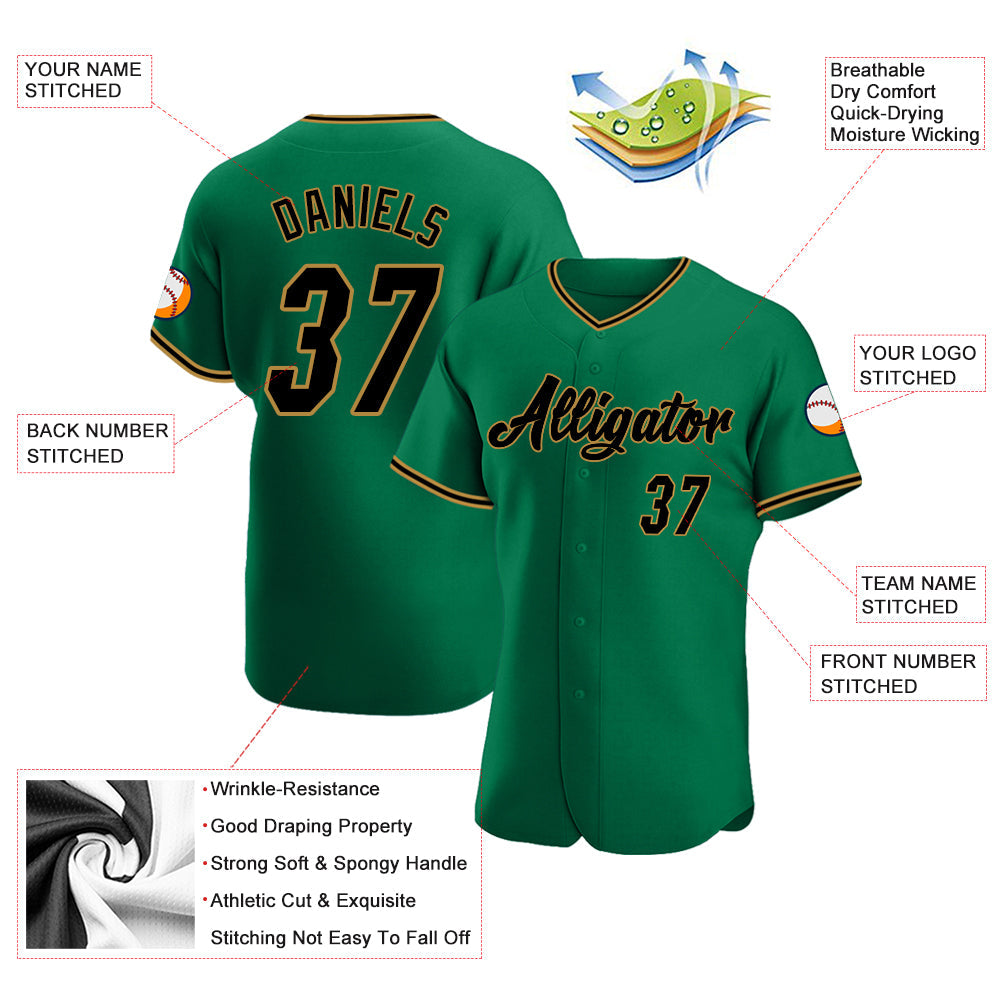 Custom Kelly Green Black-Old Gold Authentic Baseball Jersey view 3