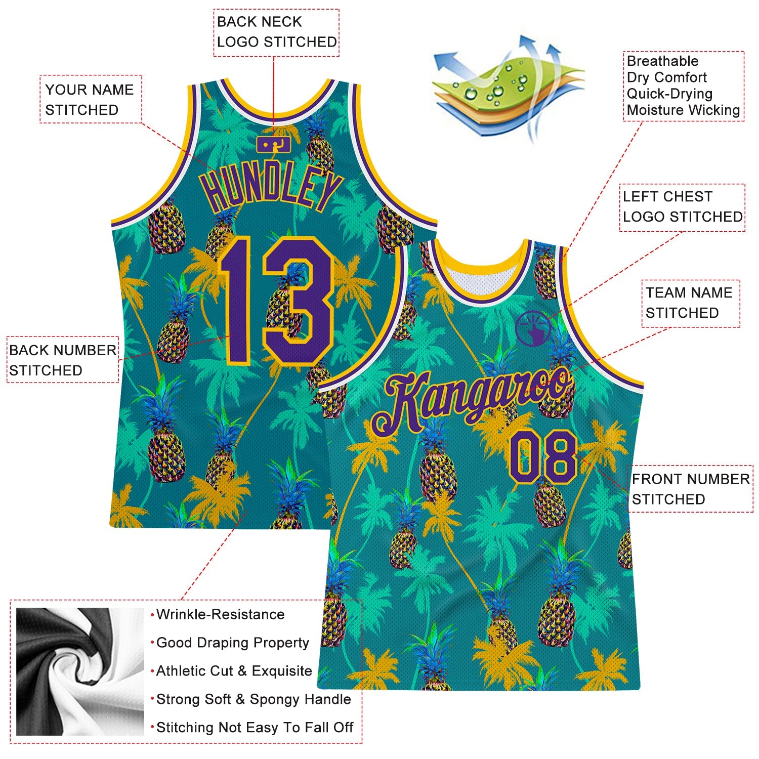 Custom Kelly Green Purple-Gold 3D Pattern Hawaii Palm Trees Pineapples Authentic Basketball Jersey view 2
