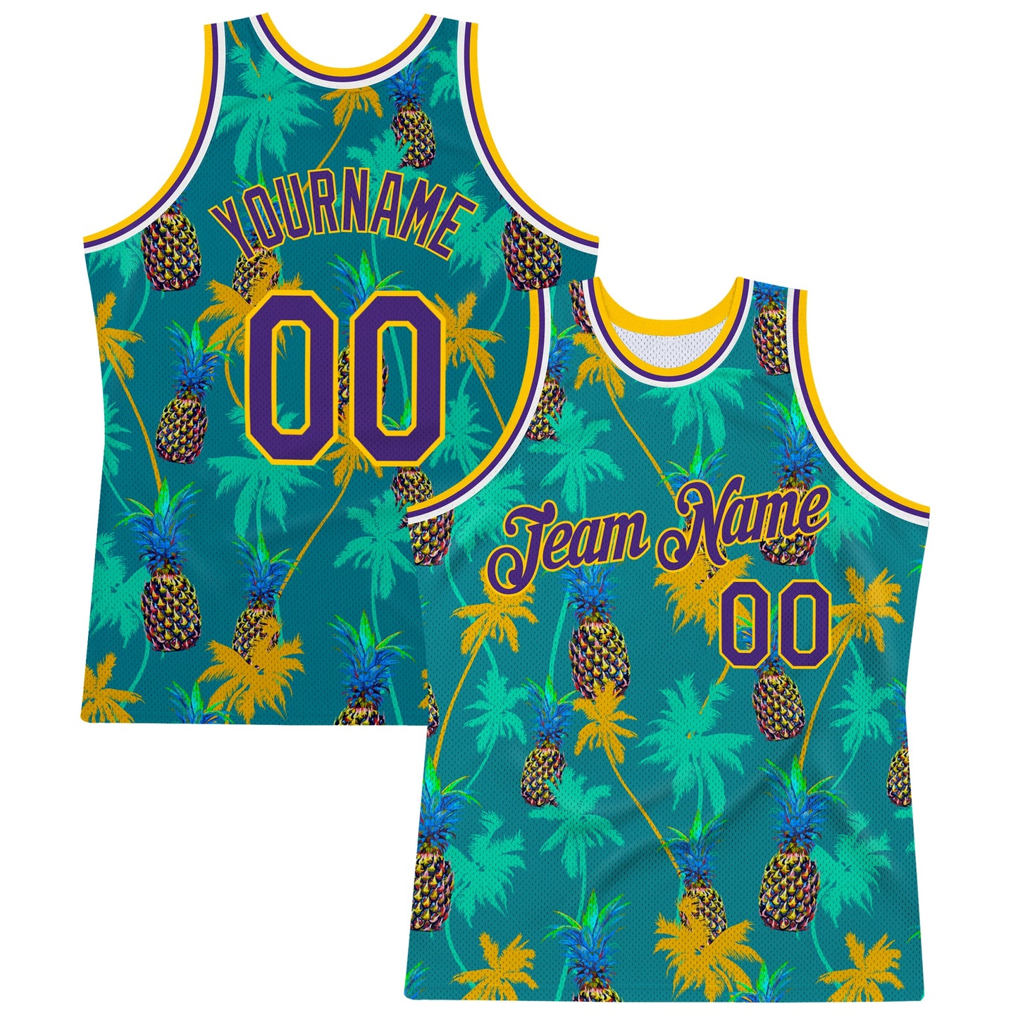Custom Kelly Green Purple-Gold 3D Pattern Hawaii Palm Trees Pineapples Authentic Basketball Jersey - Main View
