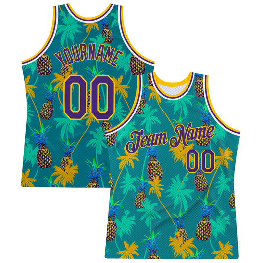 Custom Kelly Green Purple-Gold 3D Pattern Hawaii Palm Trees Pineapples Authentic Basketball Jersey - Main View