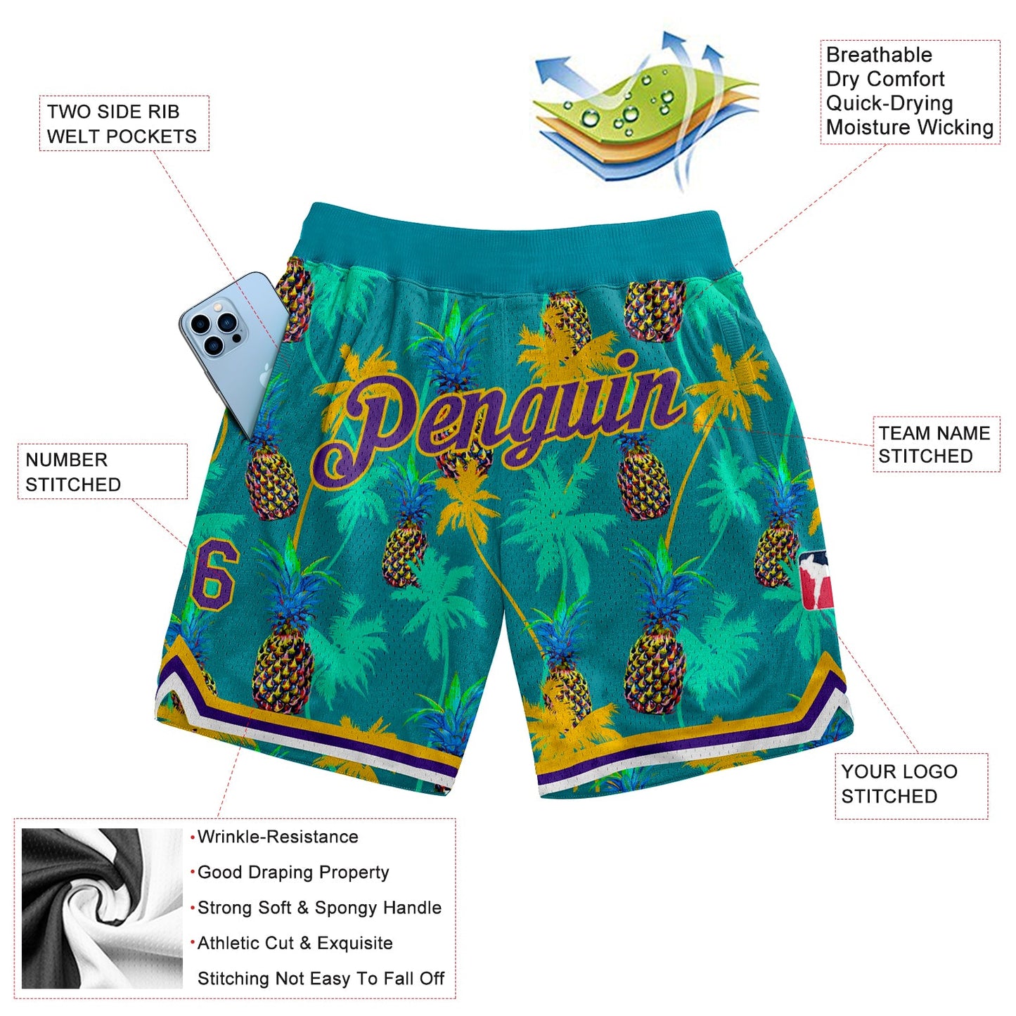 Custom Kelly Green Purple-Gold 3D Pattern Design Palm Trees Pineapples Authentic Basketball Shorts view 2