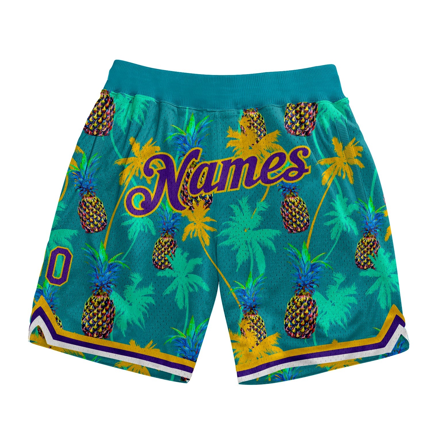 Custom Kelly Green Purple-Gold 3D Pattern Design Palm Trees Pineapples Authentic Basketball Shorts - Main View
