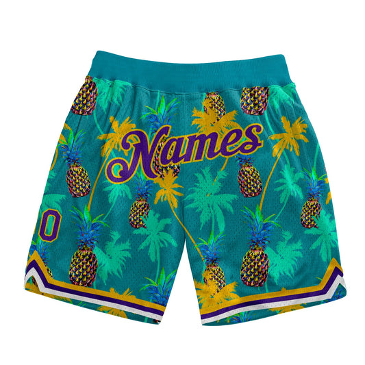Custom Kelly Green Purple-Gold 3D Pattern Design Palm Trees Pineapples Authentic Basketball Shorts - Main View