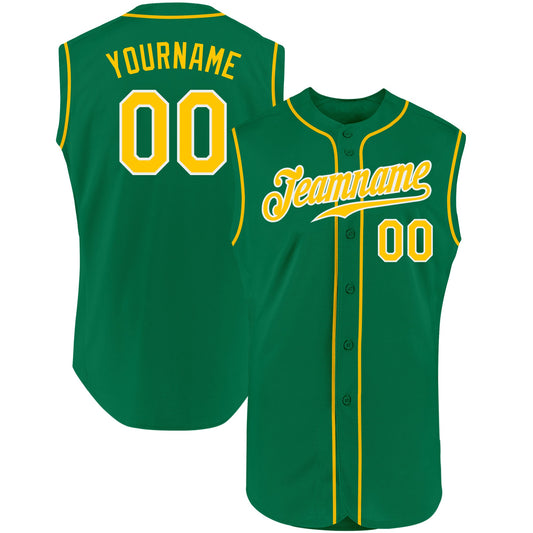 Custom Kelly Green Gold-White Authentic Sleeveless Baseball Jersey - Main View