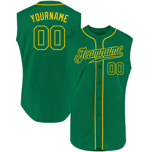 Custom Kelly Green Kelly Green-Gold Authentic Sleeveless Baseball Jersey - Main View