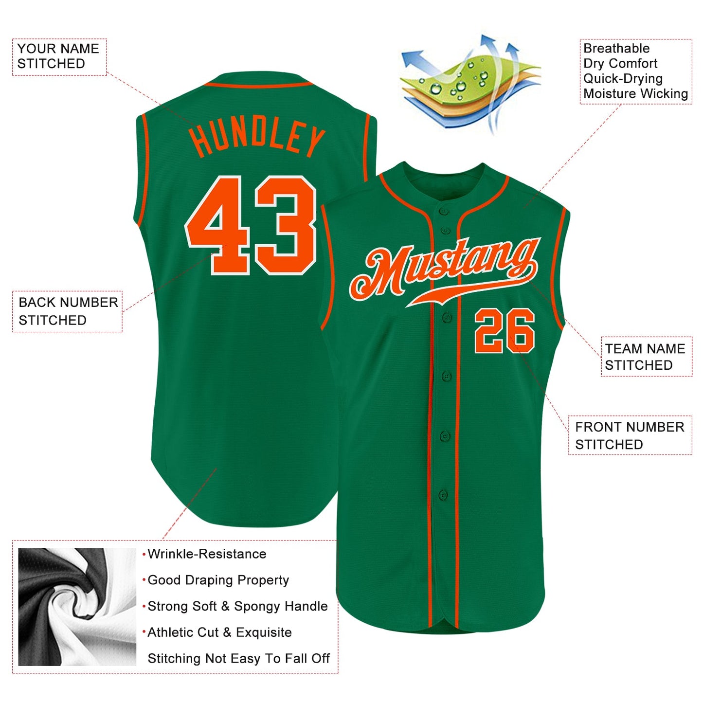 Custom Kelly Green Orange-White Authentic Sleeveless Baseball Jersey view 2