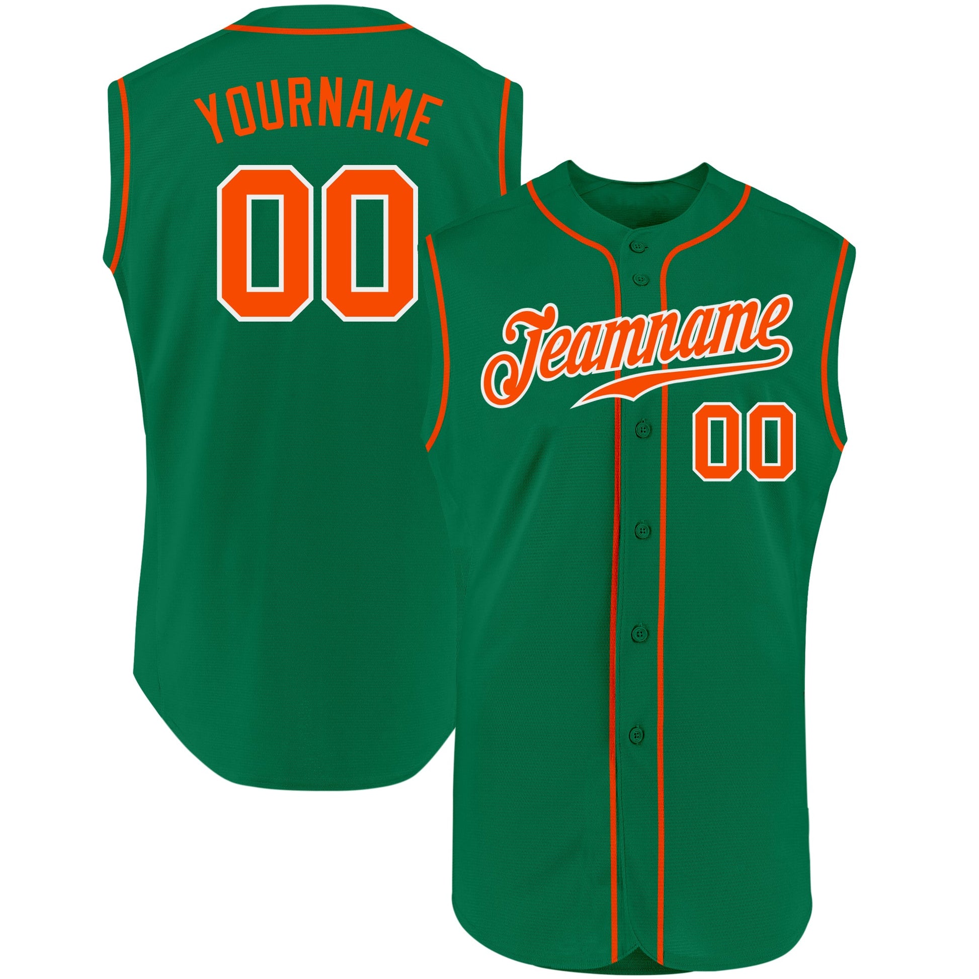 Custom Kelly Green Orange-White Authentic Sleeveless Baseball Jersey - Main View