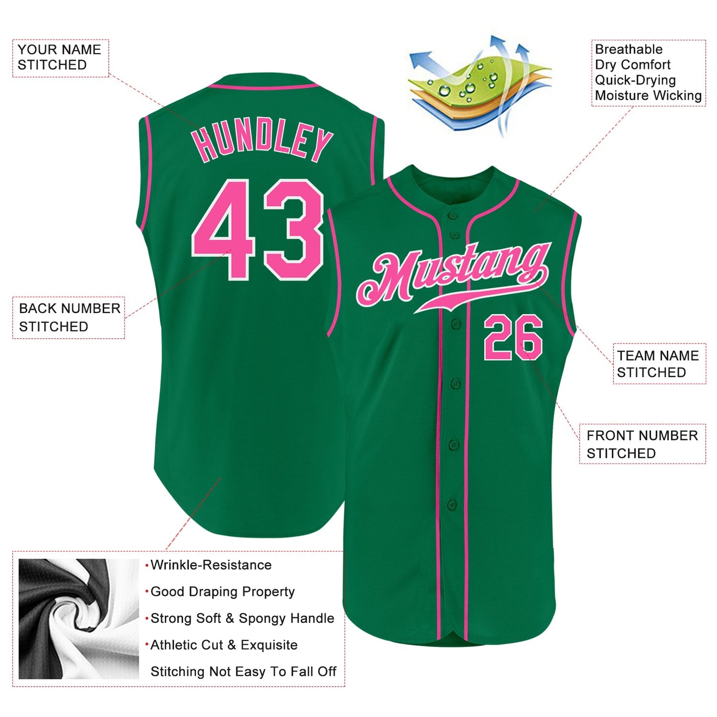 Custom Kelly Green Pink-White Authentic Sleeveless Baseball Jersey view 2