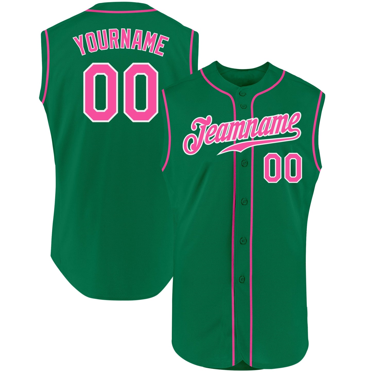 Custom Kelly Green Pink-White Authentic Sleeveless Baseball Jersey - Main View