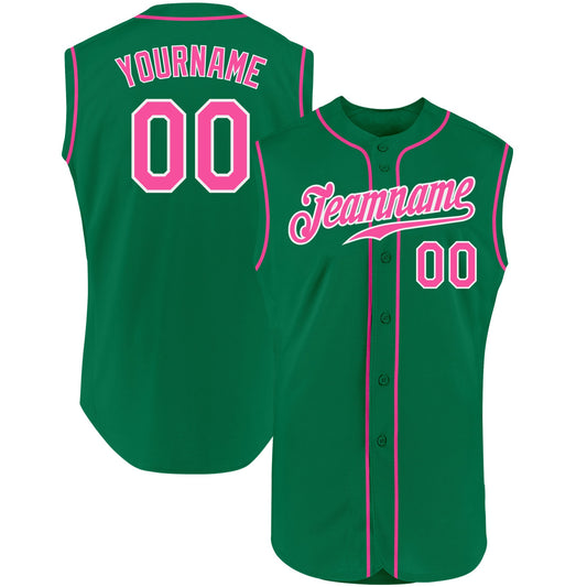 Custom Kelly Green Pink-White Authentic Sleeveless Baseball Jersey - Main View