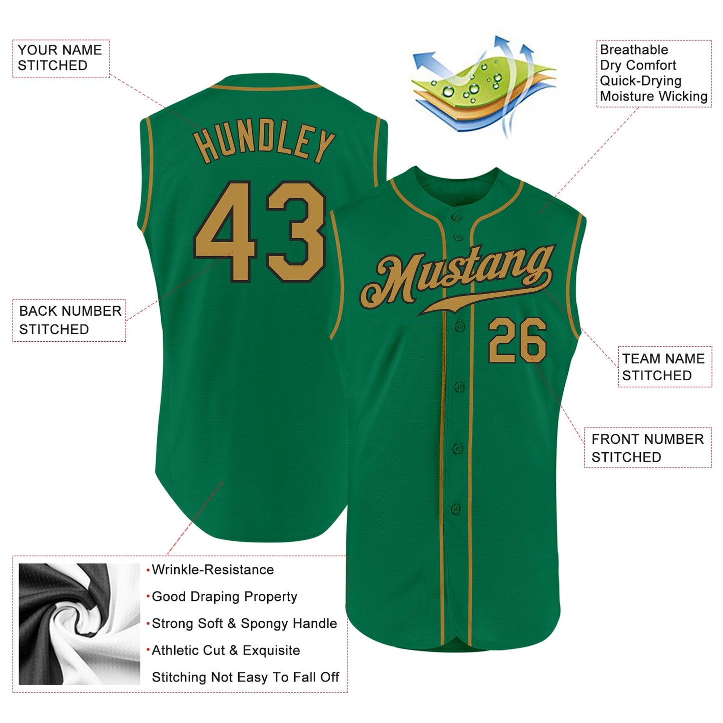 Custom Kelly Green Old Gold-Black Authentic Sleeveless Baseball Jersey view 2