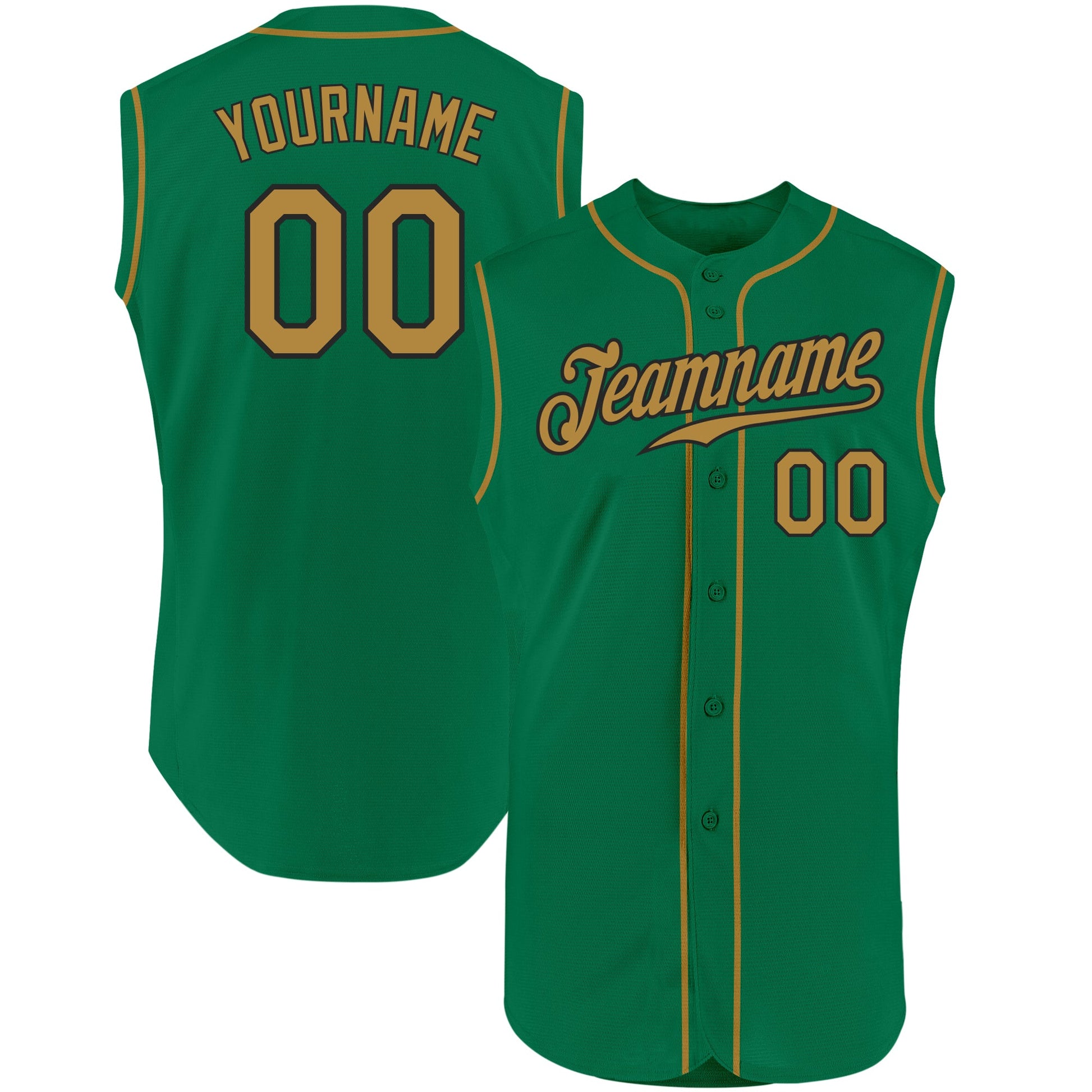 Custom Kelly Green Old Gold-Black Authentic Sleeveless Baseball Jersey - Main View