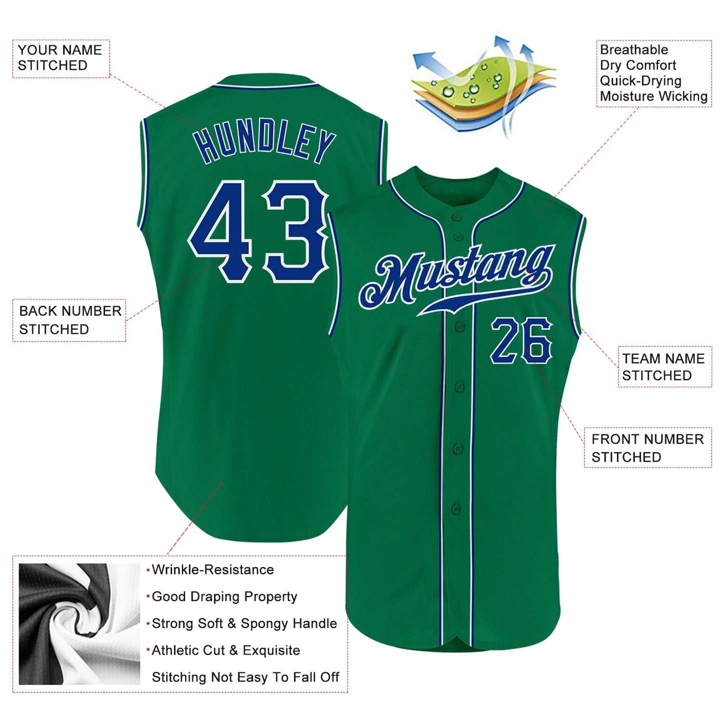 Custom Kelly Green Royal-White Authentic Sleeveless Baseball Jersey view 2
