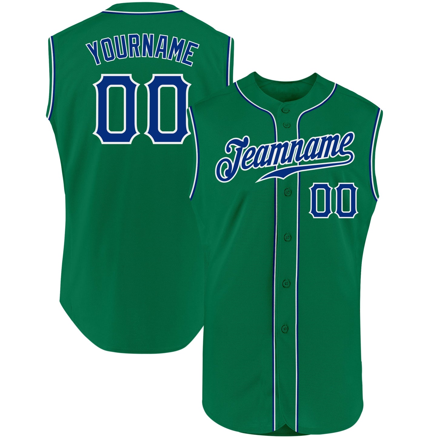 Custom Kelly Green Royal-White Authentic Sleeveless Baseball Jersey - Main View